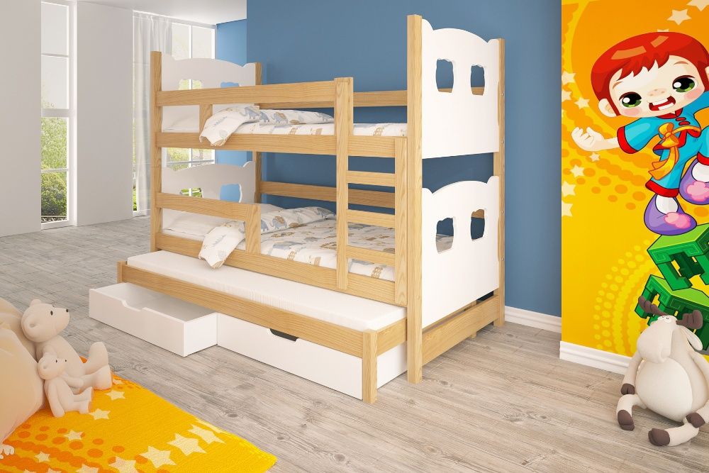 Trzyosobowe łóżko dziecięce piętrowe OLEK! + materace
