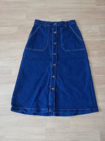 Jeansowa midi spódnica z guzikami rozkloszowana trapezowa zara 34 XS