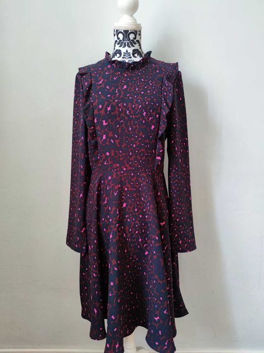 Sukienka damska Next kolorowa panterka długi rękaw rozkloszowana L