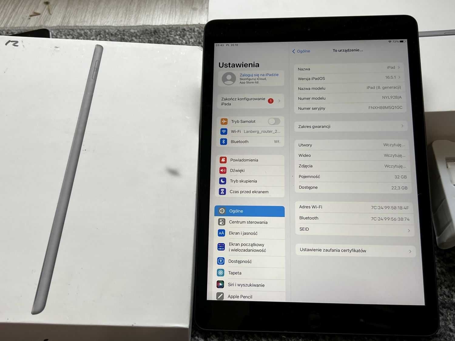 Tablet Apple iPad 8 GEN 32GB WIFI GREY SZARY Pencil FAKTRA VAT23%