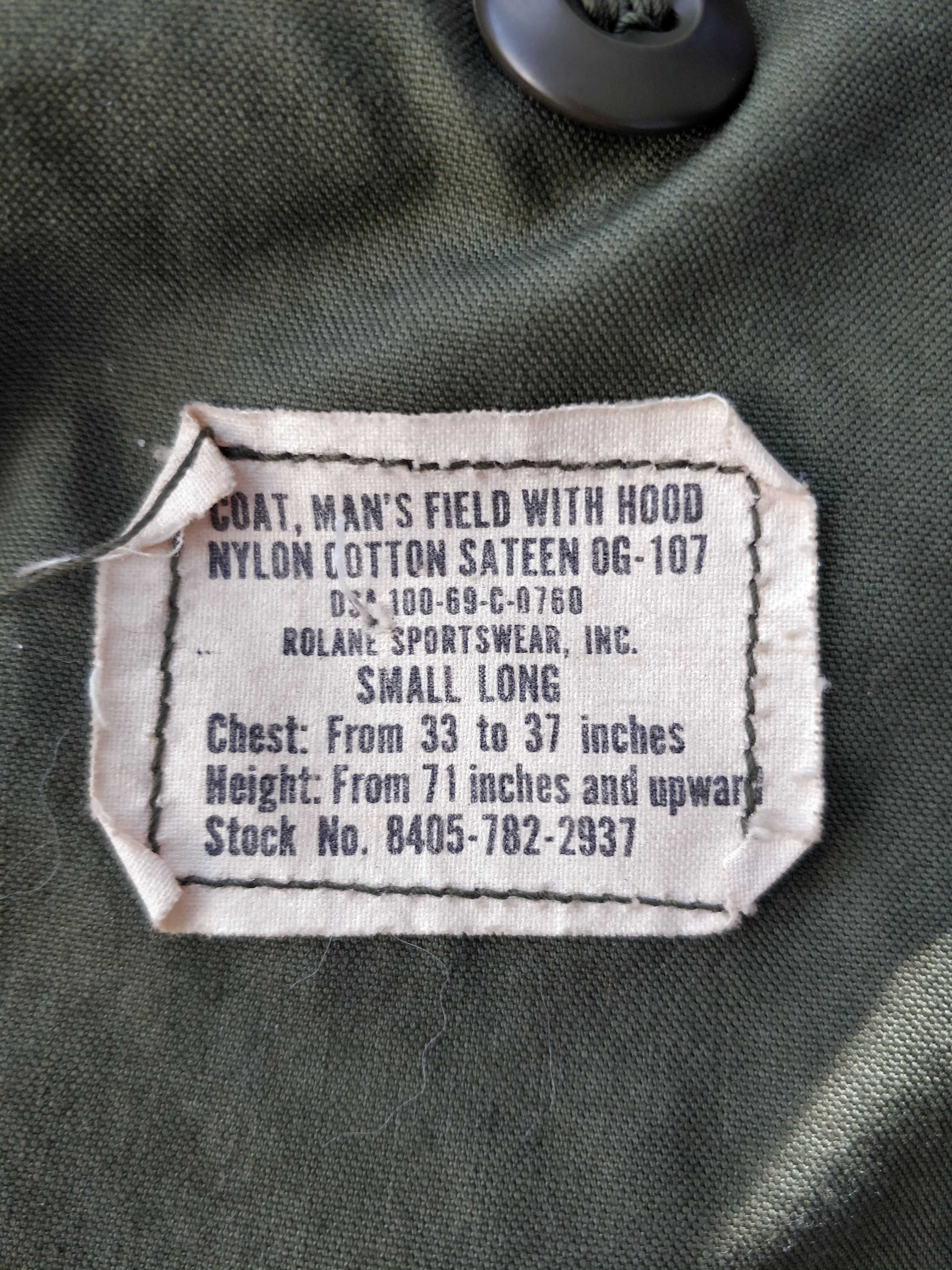 US Army M65 Field Coat OG-107 Olive Куртка армии США 1969 год