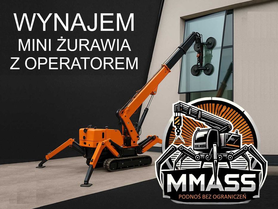 Mini żuraw dźwig pająk z operatorem wynajem manipulator do szyb szkła