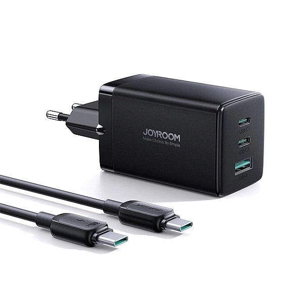 Joyroom szybka ładowarka GaN 65W USB-A, 2x USB-C czarna + kabel USB-C