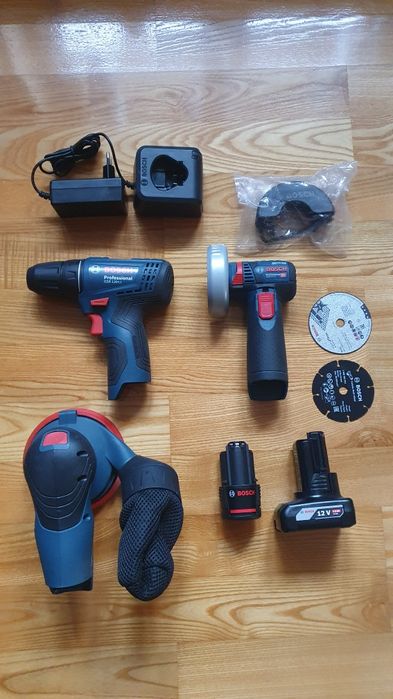 Zestaw Bosch. Wkrętarka, szlifierka kątowa, szlifierka mimośrodowa.