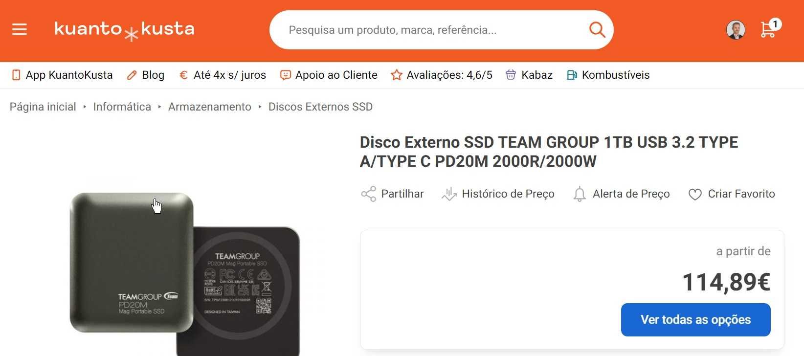 ***Promoção*** Disco Externo SSD Team Group 1TB USB 3.2 TYPE A/TYPE C