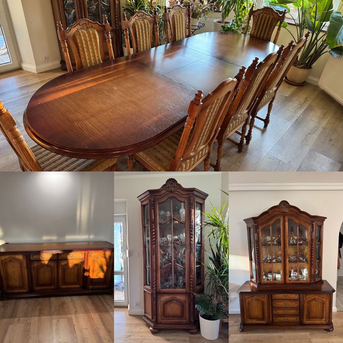 Ekskluzywny zestaw mebli do jadalni- stół, 8 krzeseł, witryny i komoda