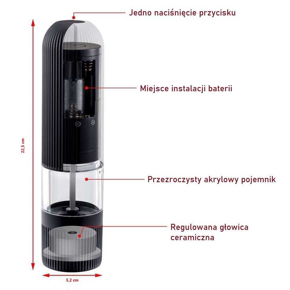 MŁYNEK ELEKTRYCZNY do soli i pieprzu, ceramiczne żarno