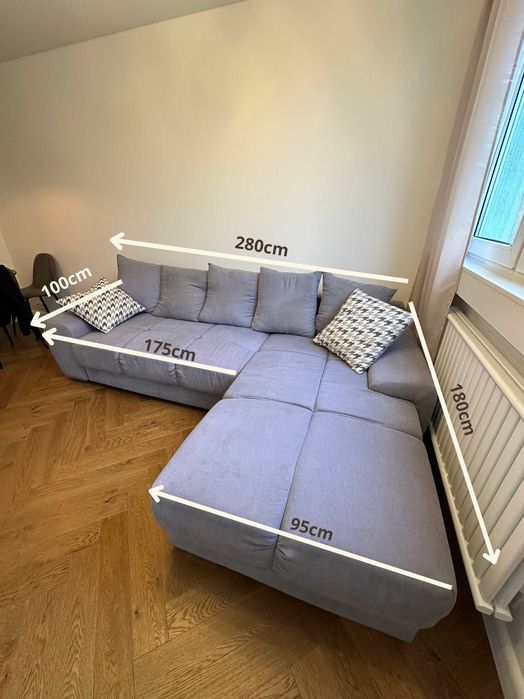 Narożnik kanapa z funkcją spania - Szary 280cm x 180cm