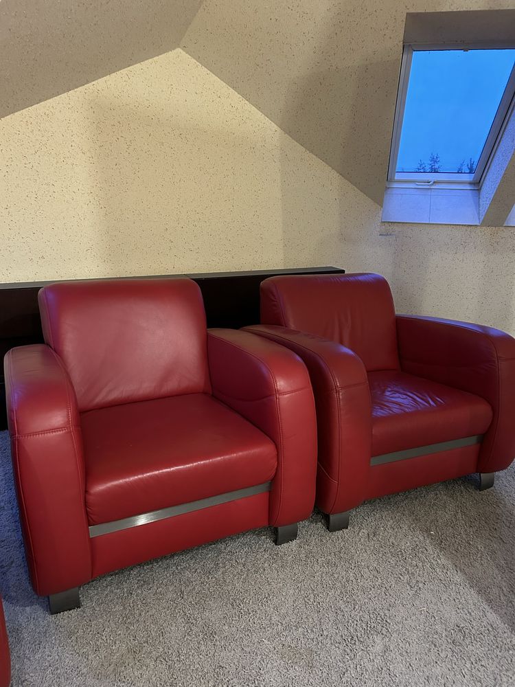Zestaw Sofa Kanapa + Fotel Etap, czerwone, skóra