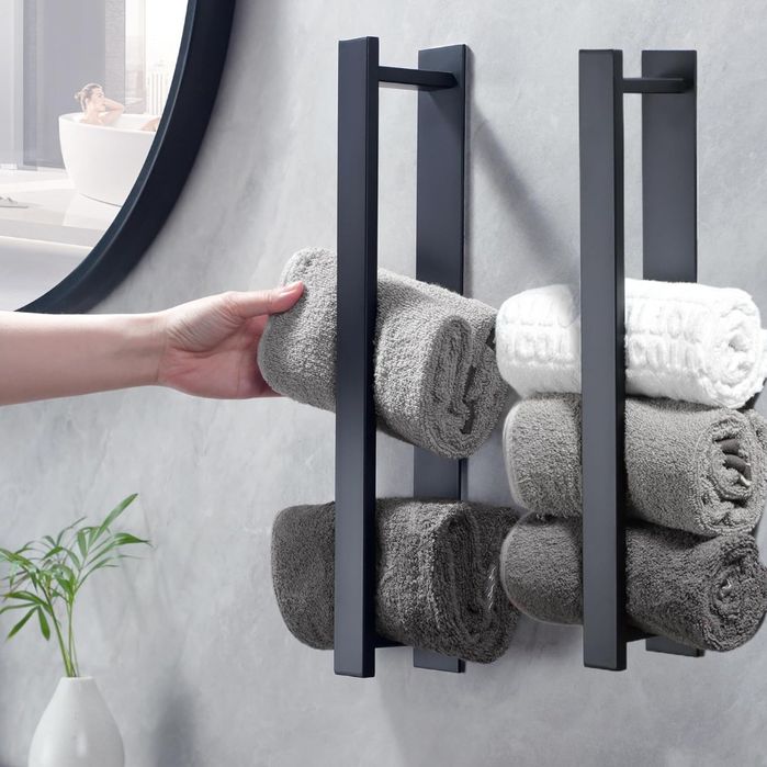 Wieszak na ręczniki bez wiercenia – 2 ręczniki łazienkowe, czarny, mat