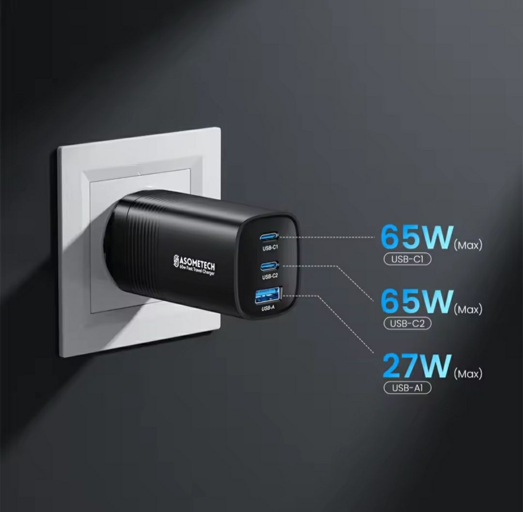 Компактний зарядний адаптер ASOMETECH 65w для ноутбуків і смартфонів