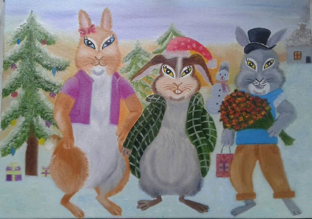 Картина маслом "Три зайчeнка" 30×40 см.