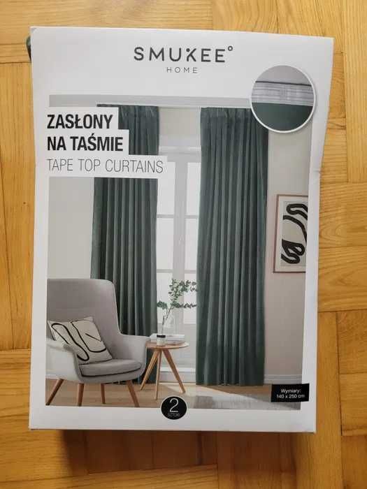 NOWE 2 zasłony aksamitne Smukee 140x250 na taśmie velvet zielona