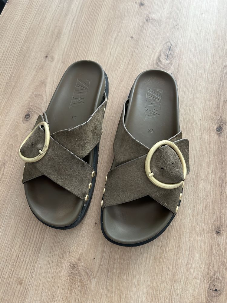 Klapki Zara 38 khaki skóra naturalna