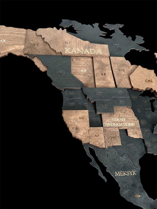 Mapa Świata 3D 210x126cm, czarny i palisander, ozdoba na ścianę