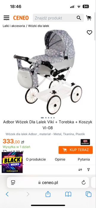 Adbor Viki Wózek dla Lalek szary