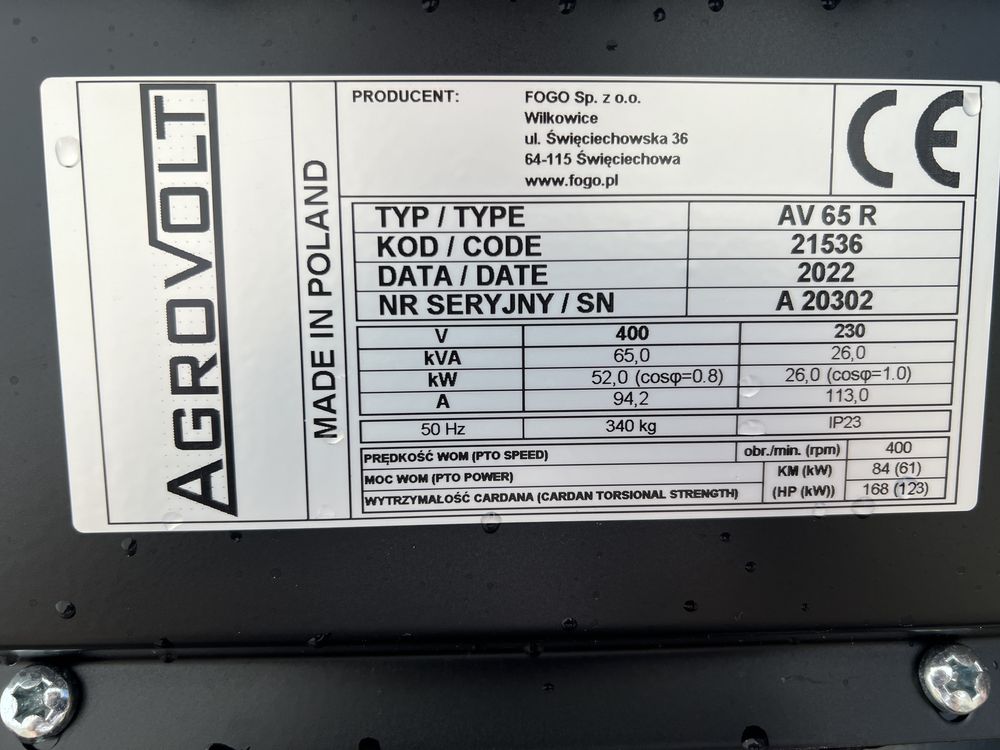 Agregat Prądotwórczy na WOM FOGO AgroVolt AV 65 R, 1 mth