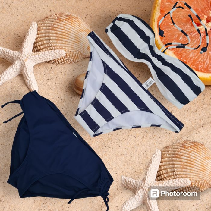 Reserved strój bikini pasy granatowe L + majtki C&A