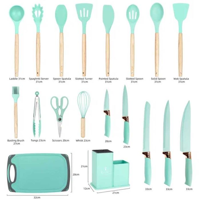 PRZYBORY SILIKONOWE kuchenne noże deska do krojenia STOJAK zestaw