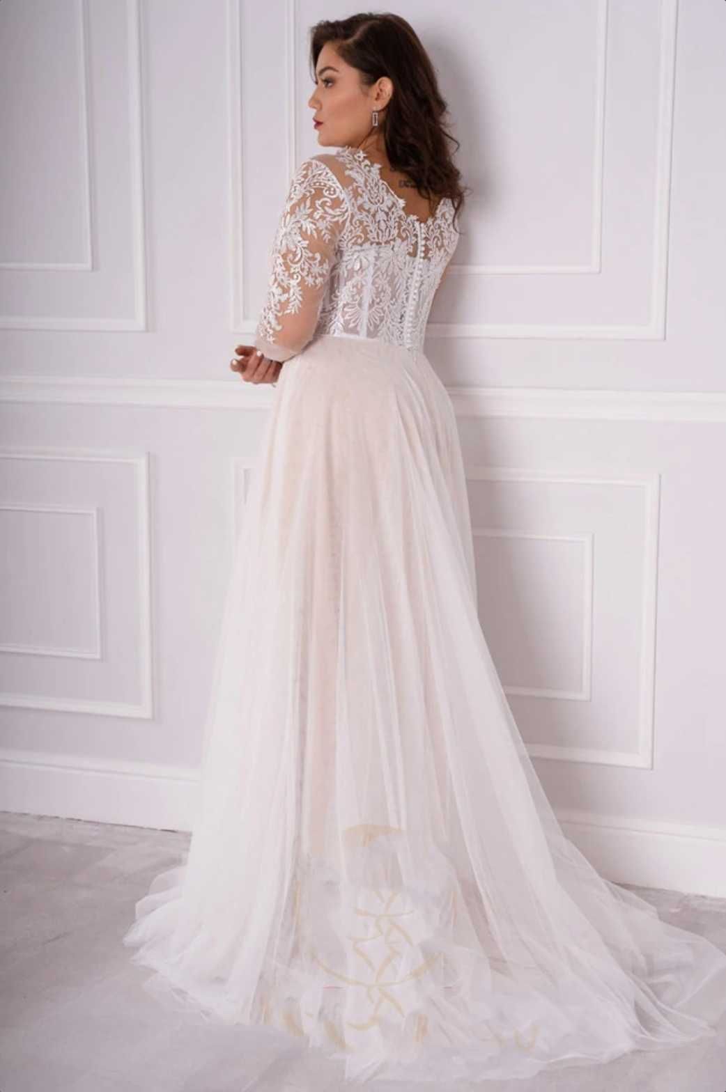 Suknia ślubna ivory-nude linia-A rękawy 46, 50