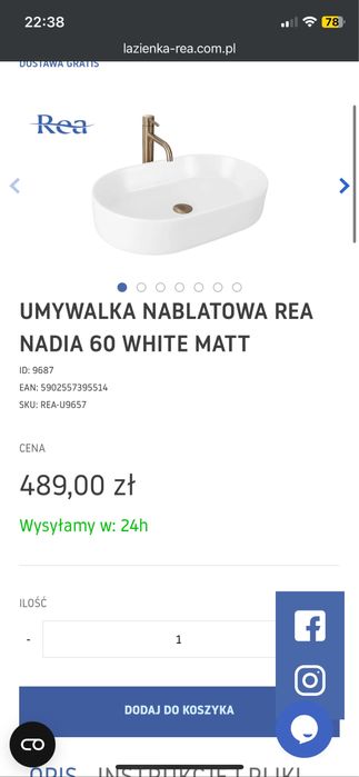 Umywalka nadblatowa  Rea Nadia 60
