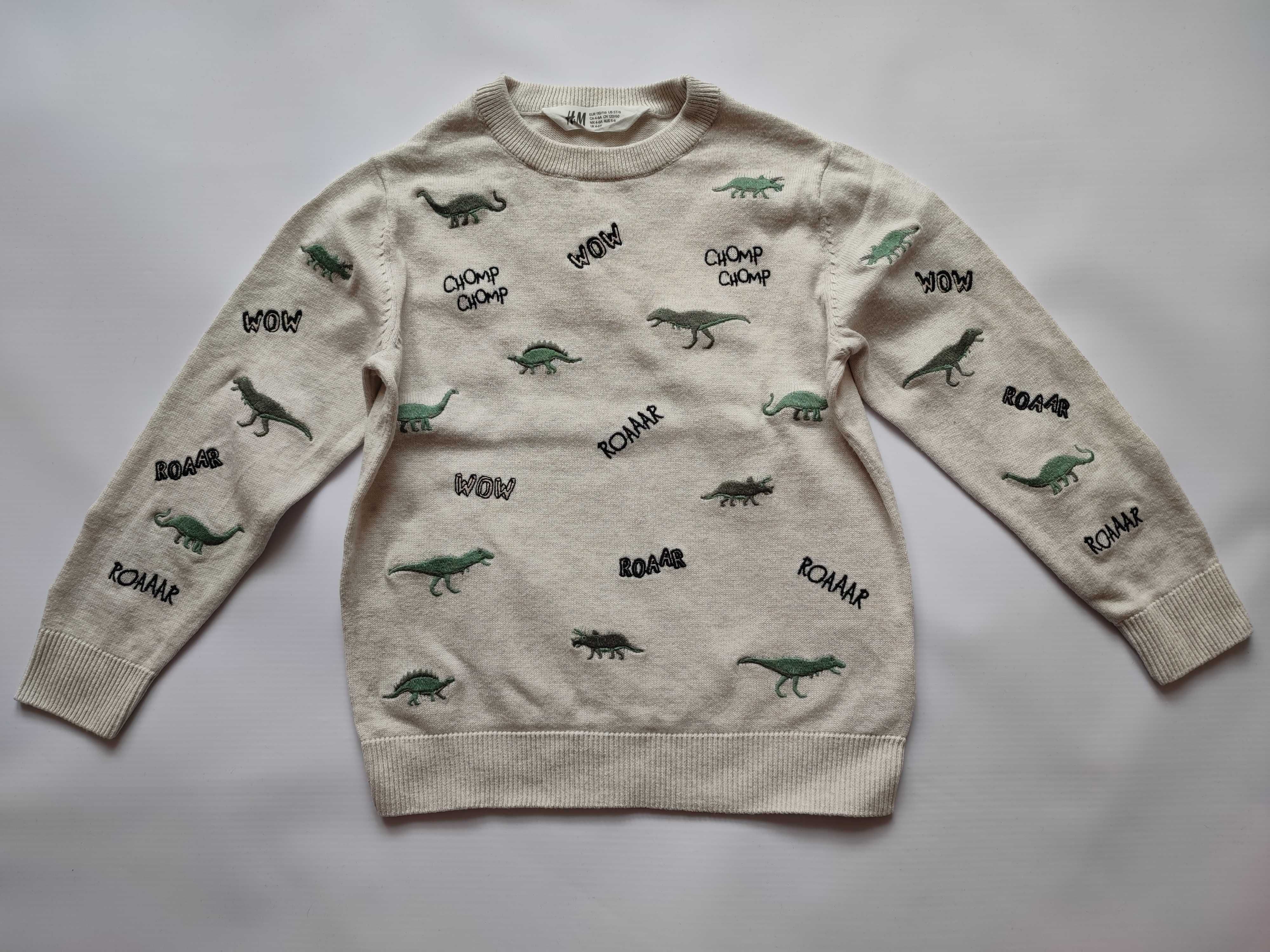 Sweter jasny elegancki z haftowanymi dinozaurami r. 110/116 H&M