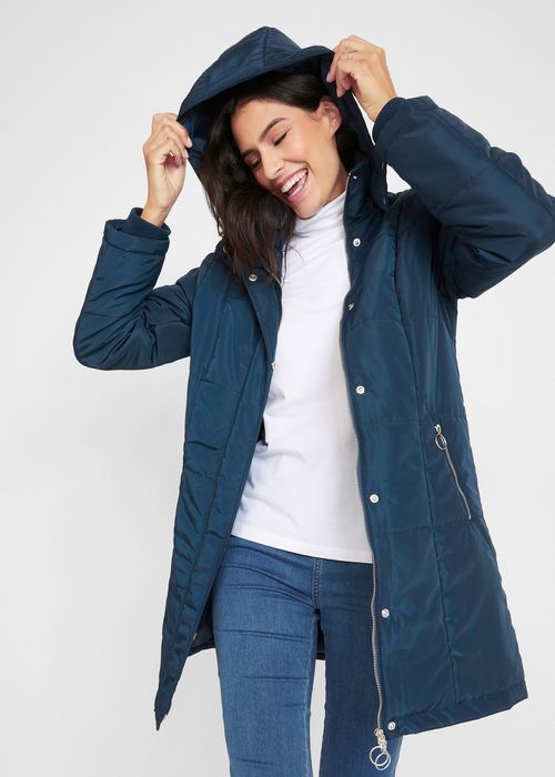 Płaszcz damski niebieski pikowany z kapturem, ocieplany r. 50