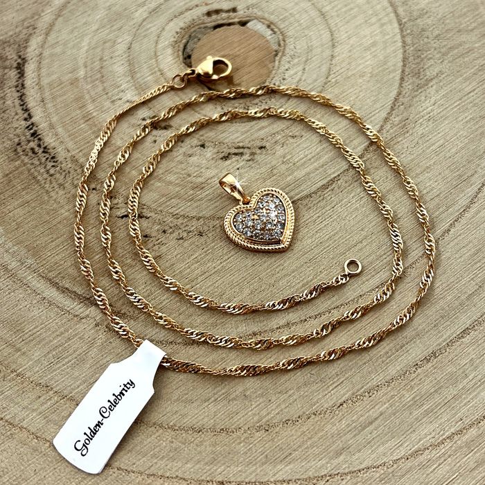 Złoty Łańcuszek Stal Chirurgiczna / Serce Z Cyrkoniami 18k Prezent + G