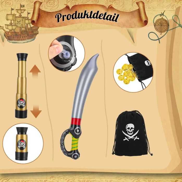 Strój pirata dla dzieci Kostium Akcesoria 8 części Uniwersalny