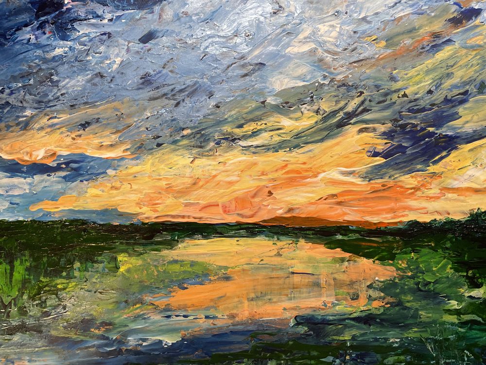 Obraz pejzaż abstrakcja zachod słońca jezioro