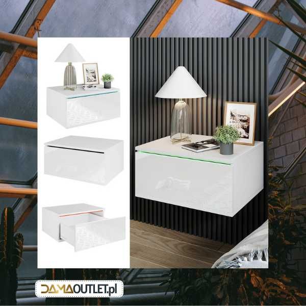 Szafka NOCNA stolik wiszący biały połysk podświetle LED DaMaOutlet.pl