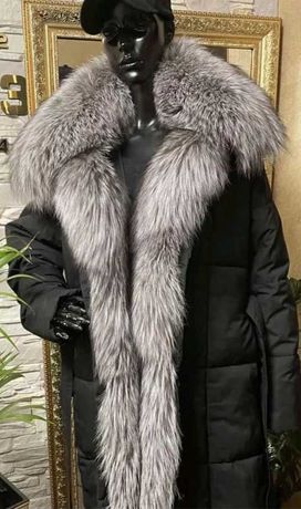Новый пуховик,пальто с мехом чернобурки