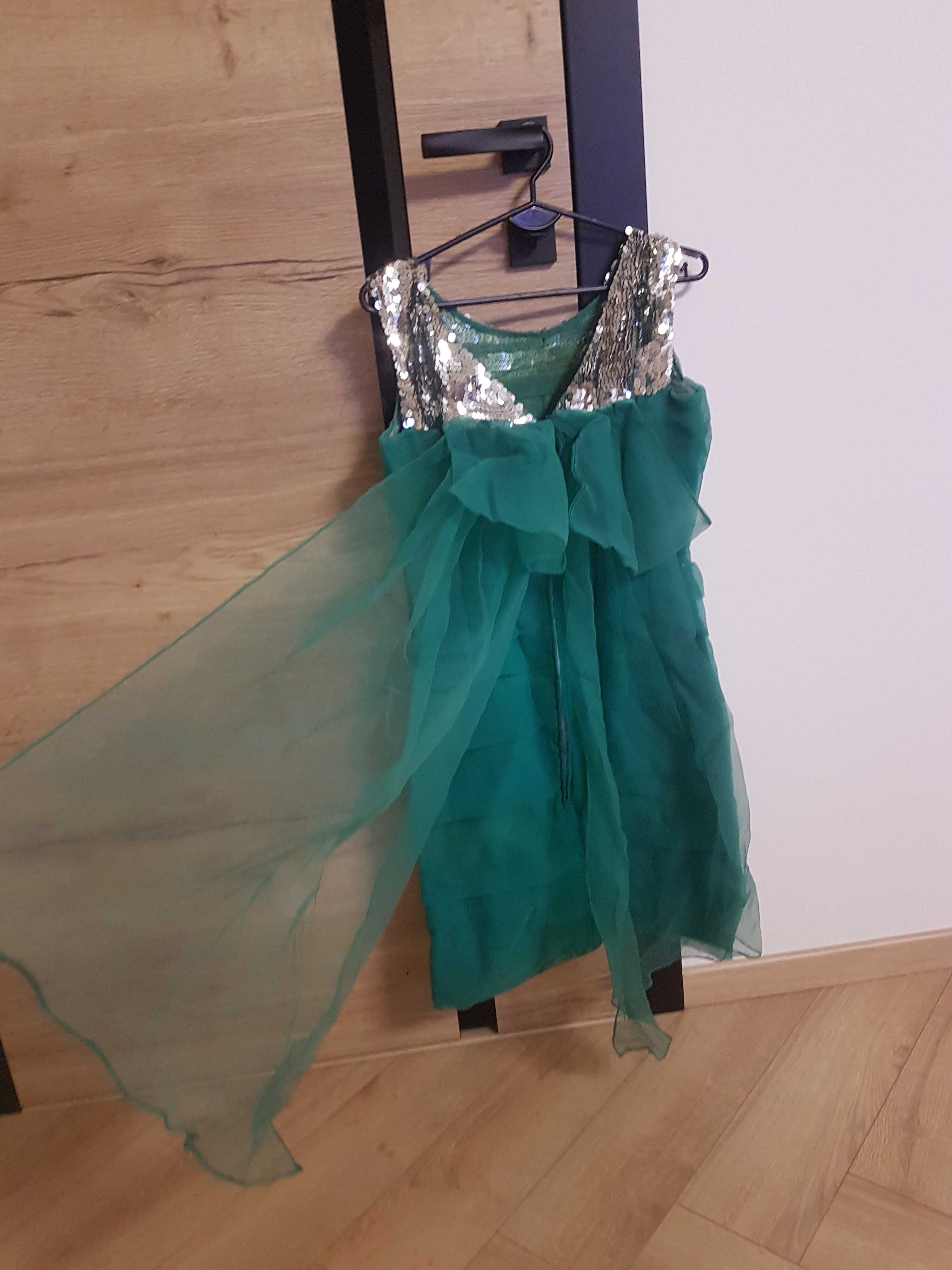 Sukienka zielona wieczorowa tiulowa srebrne cekiny sylwester 36-38