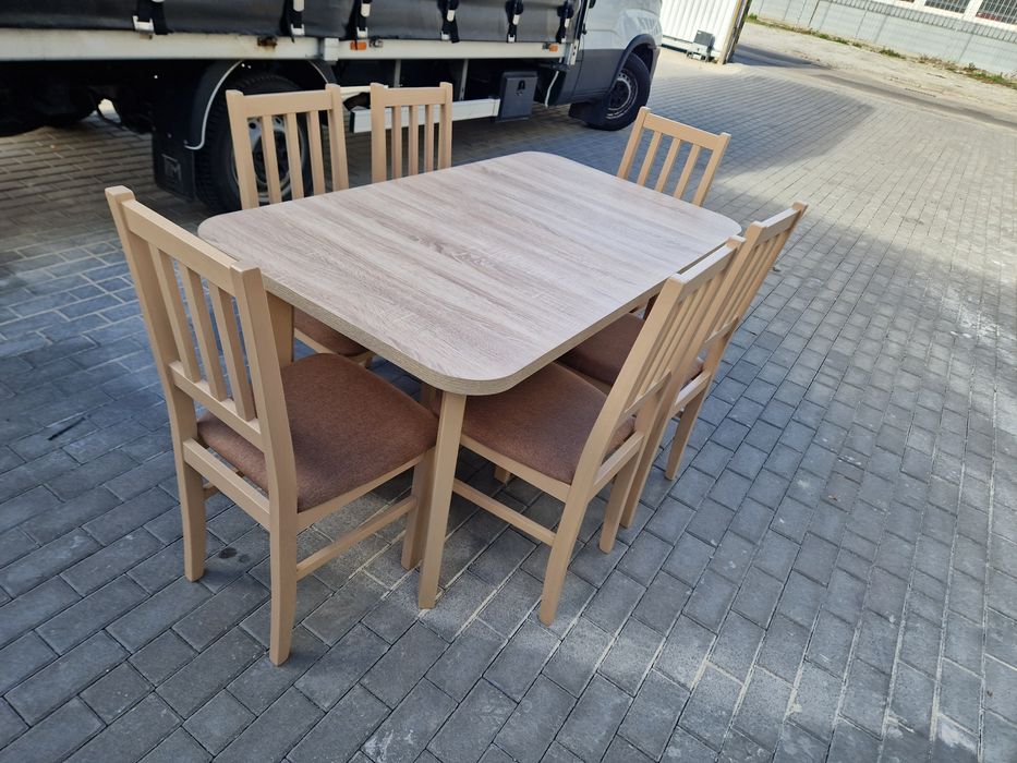 Nowe: Stół 80x140/180 + 6 krzeseł, sonoma + jasny brąz- szczebelki