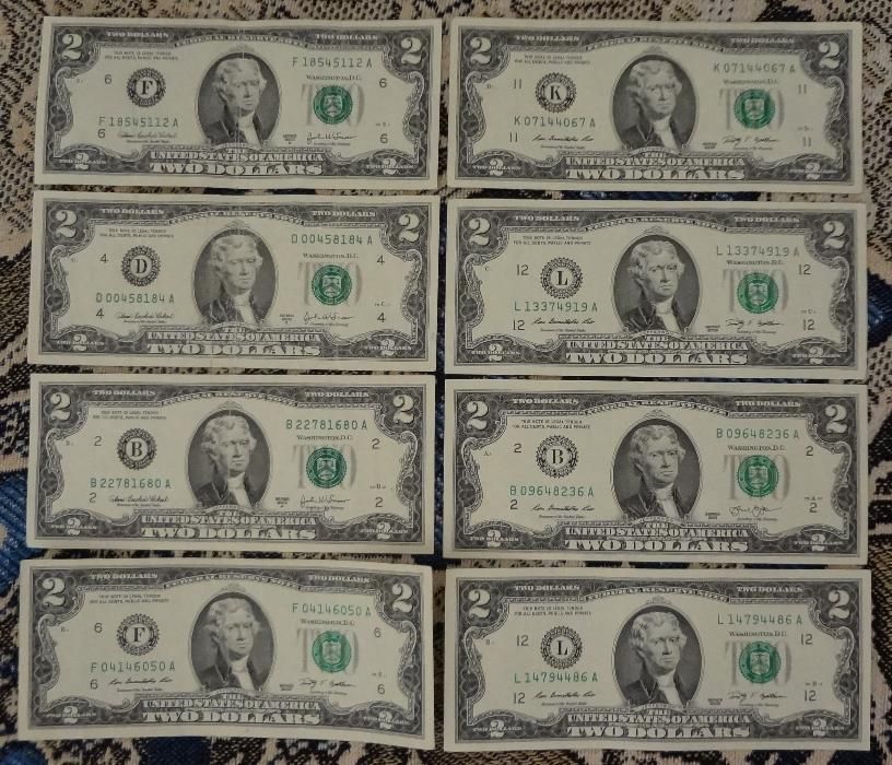 Банкноты 2 доллара (two dollars) США 2003, 2009, 2013, 2017