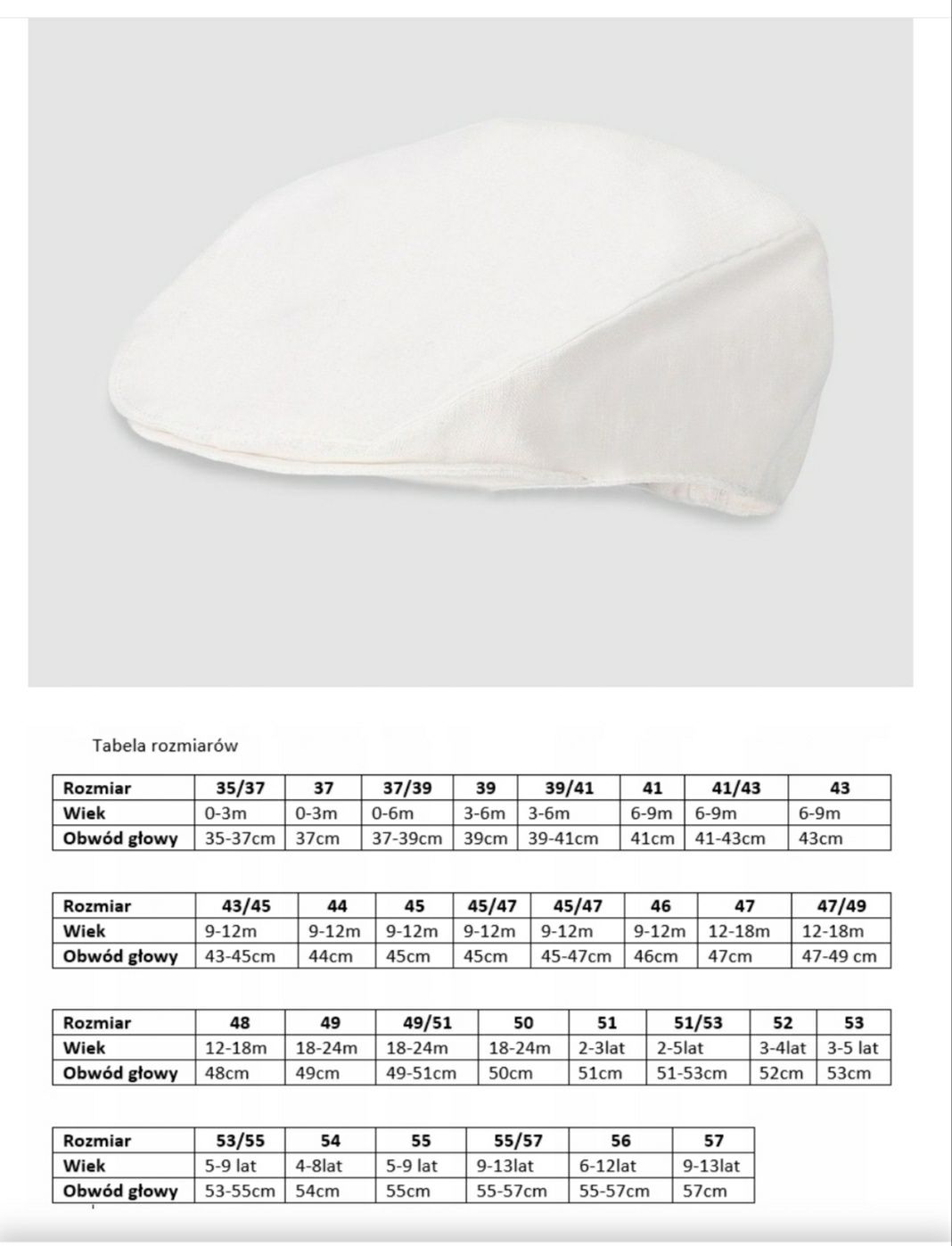 Elegancki kaszkiet/czapka do chrztu/na chrzest/biała/broel/len/r.40