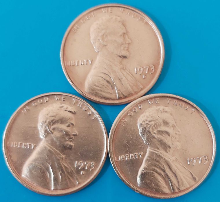 3 Moedas de One Cent de 1973 dos USA Abraham Lincoln