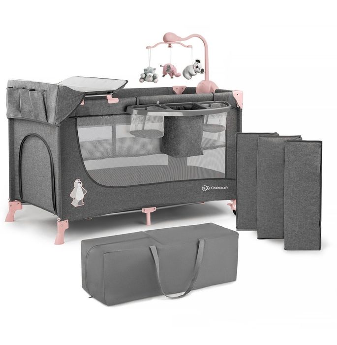 Łóżeczko Kołyska Składane KINDERKRAFT JOY PINK z Akcesoriami + MATERAC
