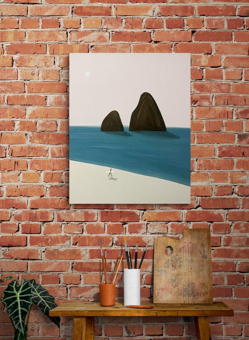 Obraz na płótnie ręcznie malowany akrylami "Sam na plaży" minimalism