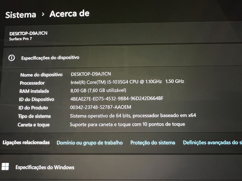 Surface pro 7 i5 8Gb Ram 256Gb Disco