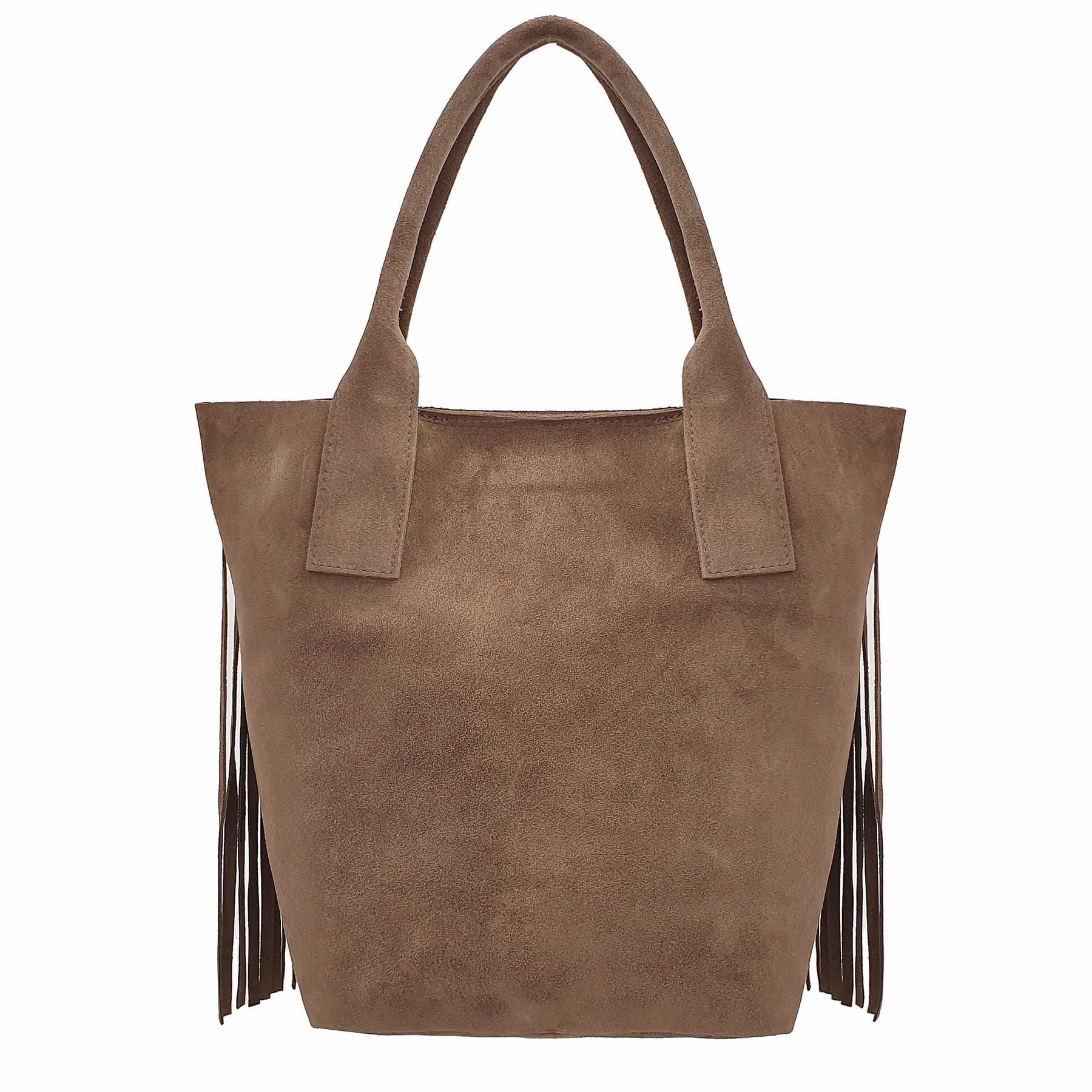 VERA PELLE torebka zamszowa shopper boho z frędzlami V007 taupe