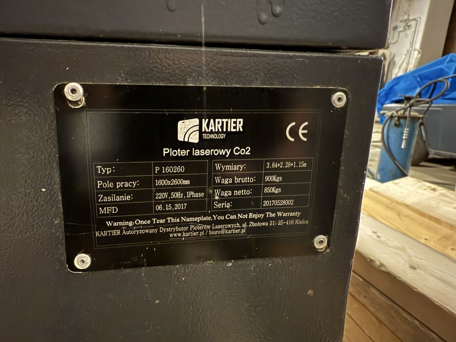 Ploter laserowy Kartier co2 - Laser 90W model  P 160x260 + chiller