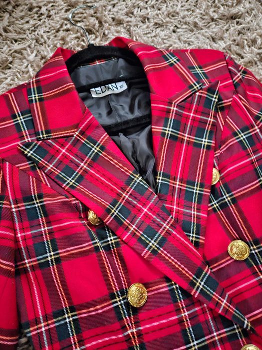 Czerwona marynarka żakiet blezer tartan xs 34