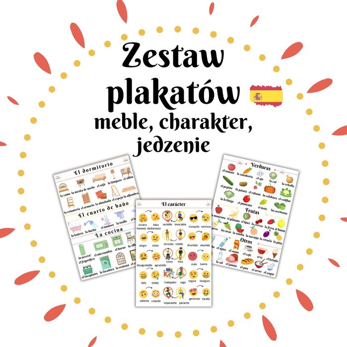 Zestaw plakatów meble, charakter, jedzenie w języku hiszpańskim