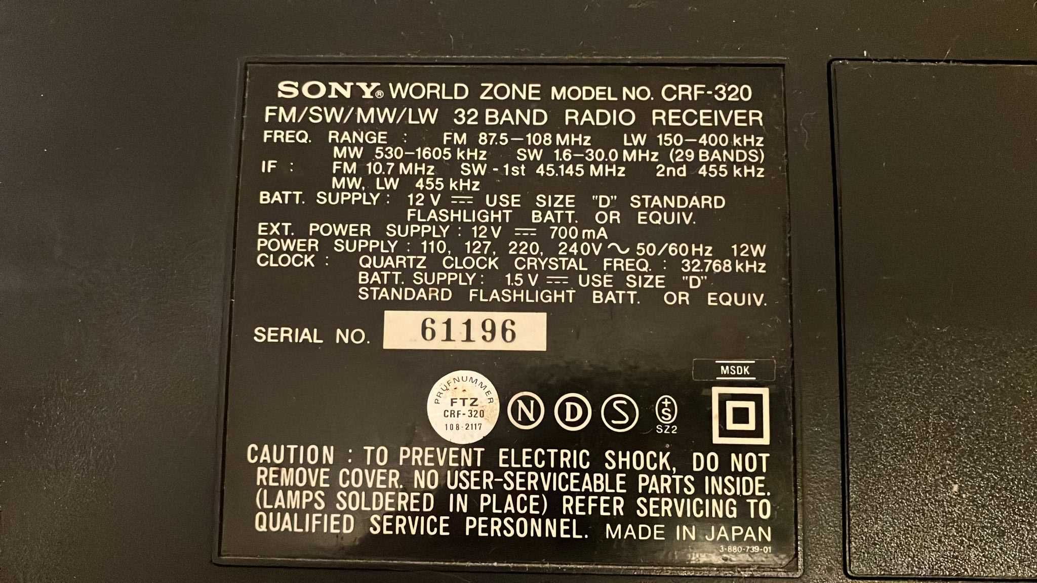 Rádio antigo SONY CRF-320