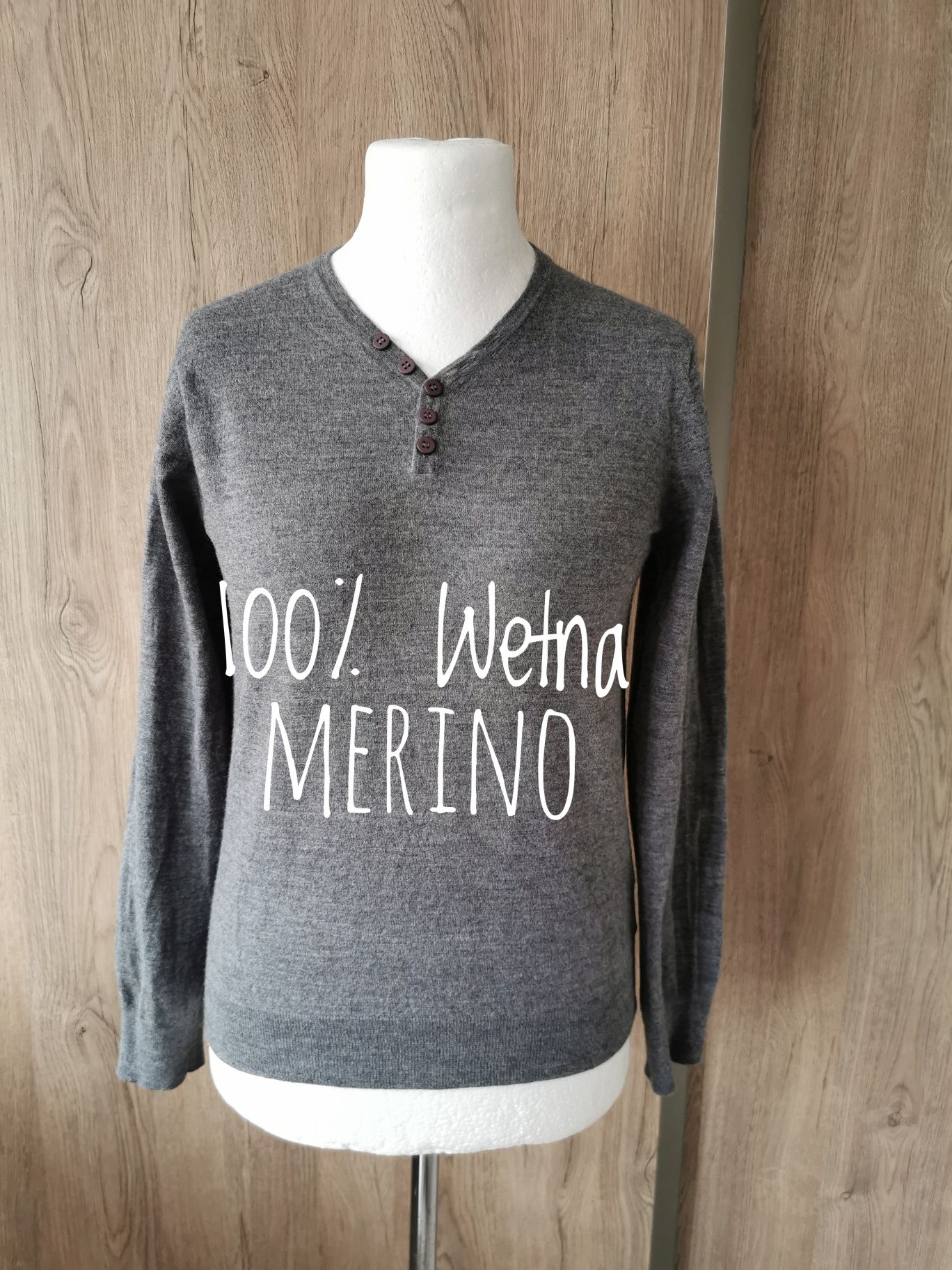 Linea wełniany cienki sweter szary / longsleeve Basic 100% wełna merin