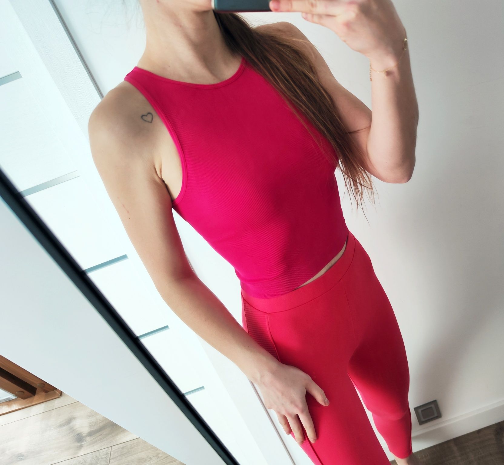 Komplet różowy top prążkowany Primark legginsy wysoki stan