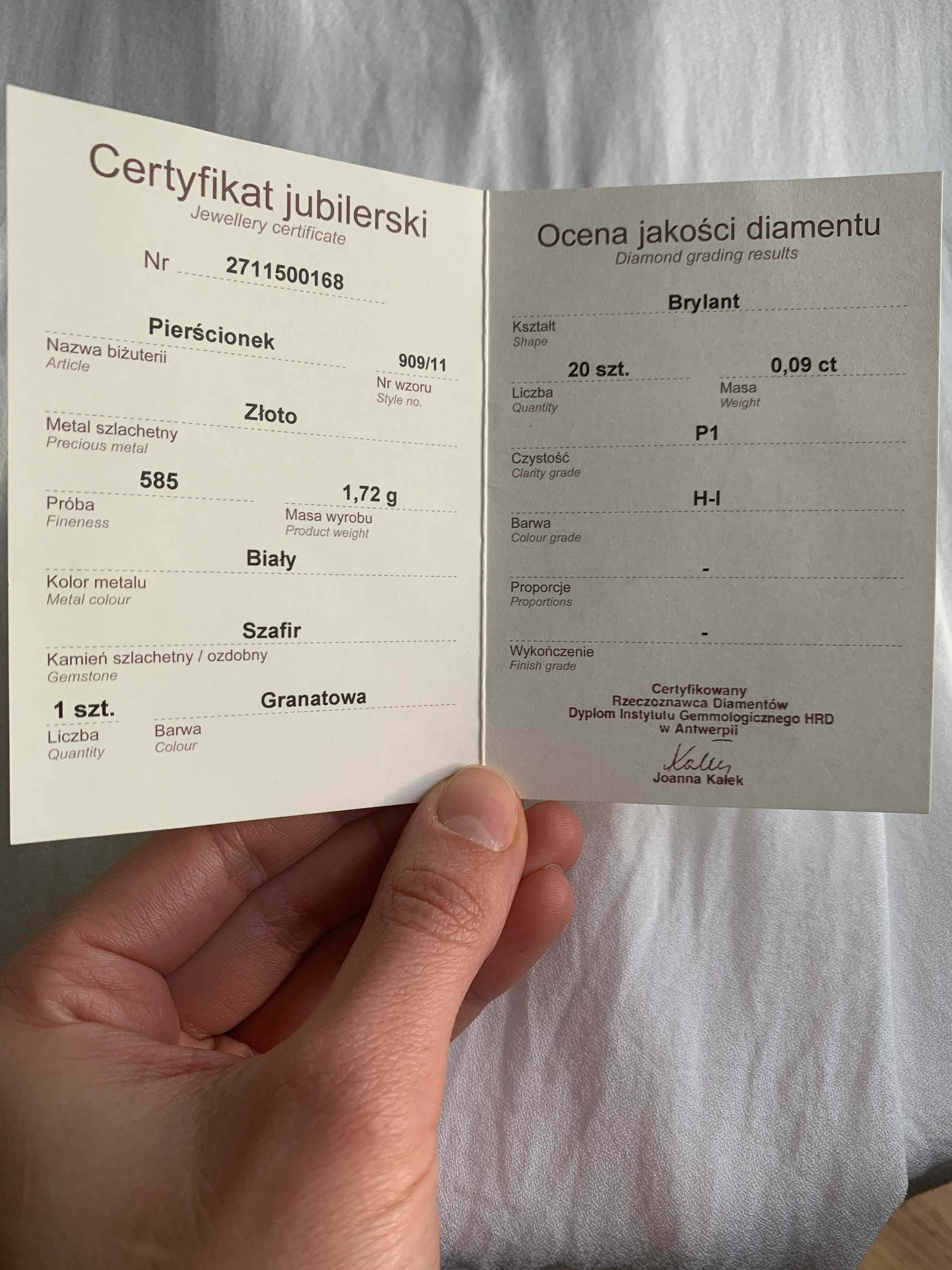 Pierścionek złoty 585 z diamentami i szafirem