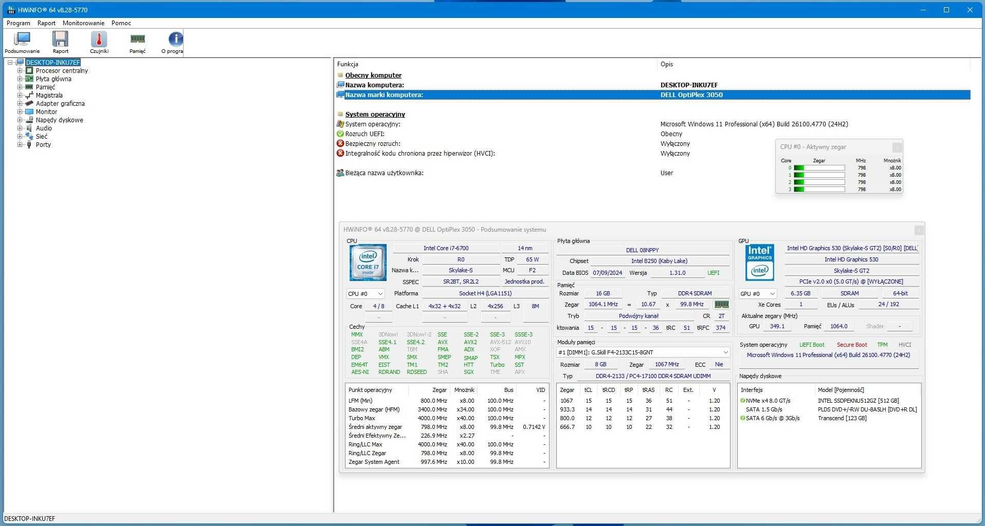 Dell Optiplex 3050 i7-6700, 16 GB RAM DDR4 SSD 512 NVME Windows 11 PRO