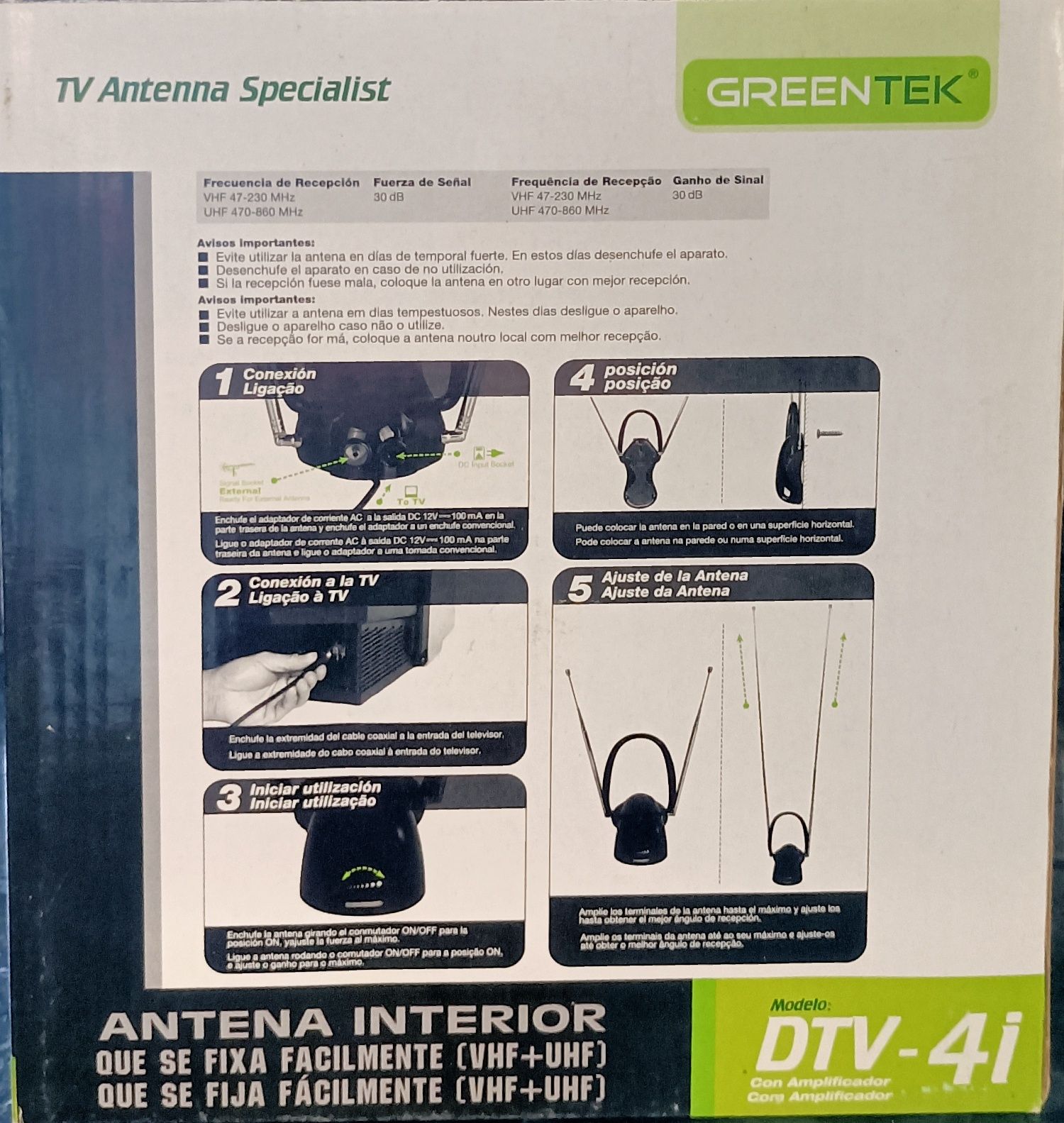 Antena interior GREENTEK (VHF+UHF) com amplificador